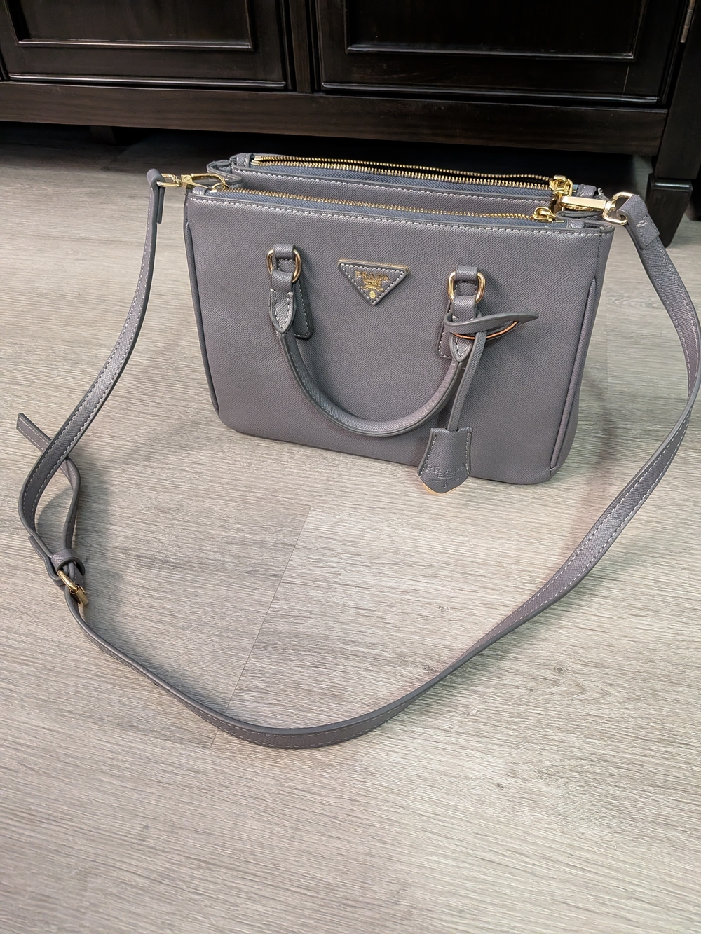 Gray Saffiano Leather Crossbody Satchel with Gold Hardware